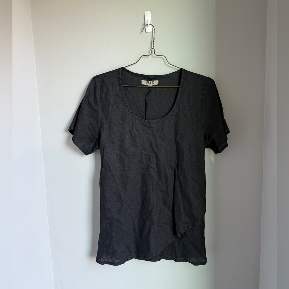Flax Tunic Top Large 100% Linen Textured Cross Over Hem Short Sleeve Black - Picture 2 of 8